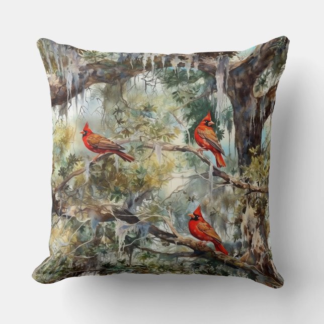 3 Northern Cardinals in Tree Cushion (Front)