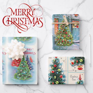 3 Nostalgic Christmas Cards Featured On Wrapping Paper Sheet