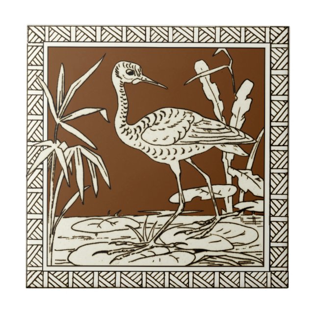 #3 of 12 Repro 1880s Minton Mocha Birds Series Ceramic Tile (Front)