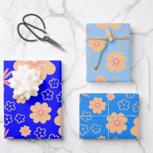 3 Pack Blue Orange Floral Pattern Wrapping Paper Sheet