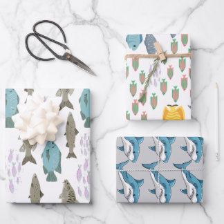 3-Pack Cartoon Reef Fish & Shark Wrapping Paper