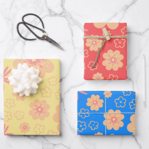 3 Pack Colorful Retro Floral Pattern Wrapping Paper Sheet