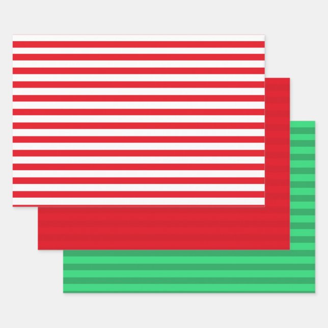 3 Pack Green, Red & White Stripes Christmas Wrapping Paper Sheet (Set)