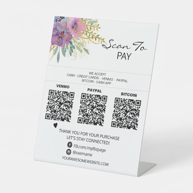 *~* 3 PAYMENTS Table Tent QR Tabletop Flowers Pedestal Sign (Front)