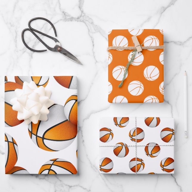 3 pc coordinating orange team colours basketball wrapping paper sheet (Front)