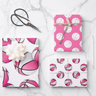 3 pc coordinating pink team colours basketballs wrapping paper sheet