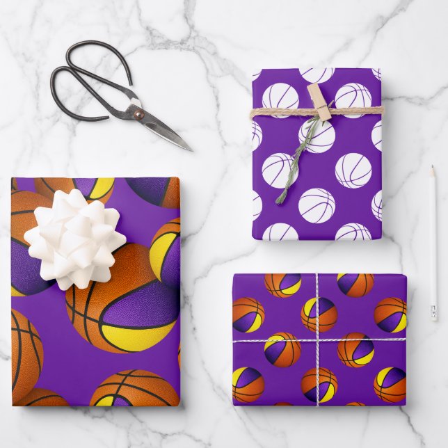 3 pc coordinating purple gold basketballs wrapping paper sheet (Front)