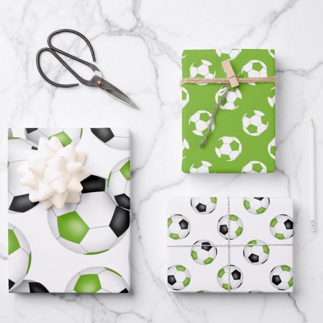 3 pc variety bright green black team colours socce wrapping paper sheet (Front)
