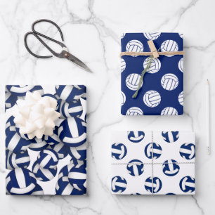 3 pc volleyball patterns coordinating blue white  wrapping paper sheet