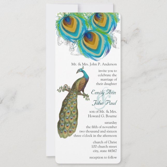 3 Peacock Feathers Art Deco Wedidng Invite (Front)