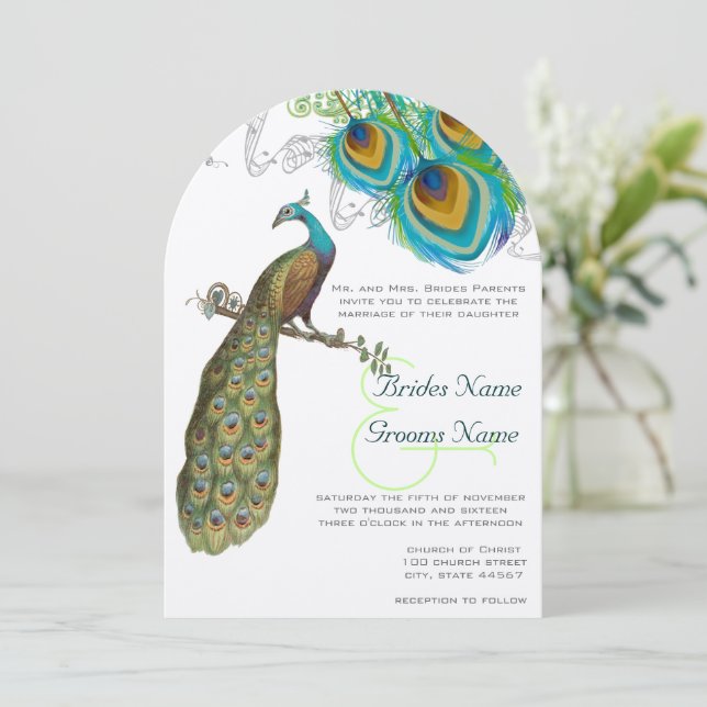 3 Peacock Feathers Art Deco Wedidng Invite (Standing Front)