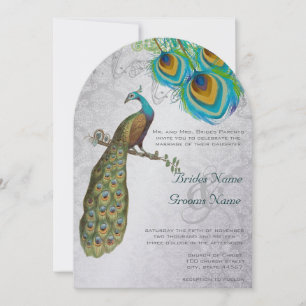 3 Peacock Feathers Art Deco Wedidng Invite