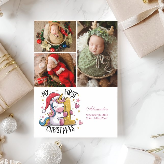 3 Photo 1st Baby Christmas Pink Gold Unicorn Holiday Card (Creator Uploaded)