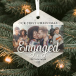3 Photo 1st Christmas Engaged Faux Marble Hexagon Glass Tree Decoration<br><div class="desc">Celebrate the joyful 1st holiday of your engagement with a custom 3 photo collage "Our First Christmas Engaged" faux marble hexagon-shaped glass ornament. All wording and images on this template are simple to personalize. (IMAGE PLACEMENT TIP: An easy way to center a photo exactly how you want is to crop...</div>