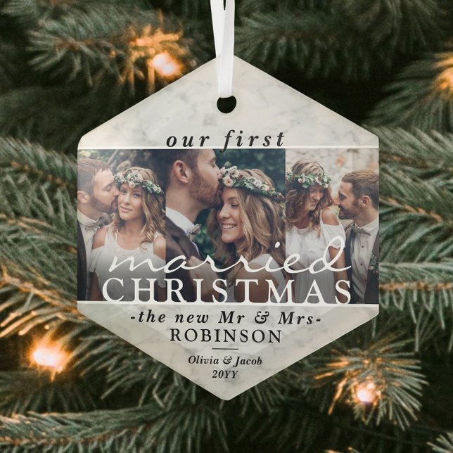 3 Photo 1st Married Christmas Modern Faux Marble Glass Tree Decoration (Creator Uploaded)