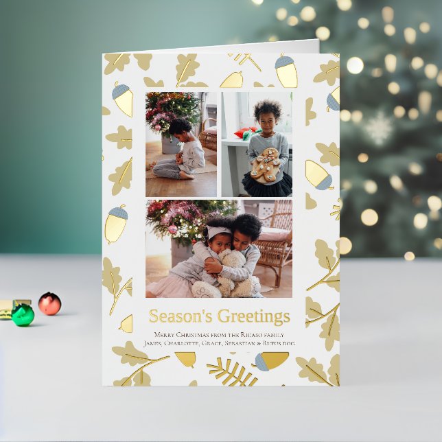 3 Photo Acorn Pattern Seasons Greetings Foil Holiday Card (Holiday In Situ 2)