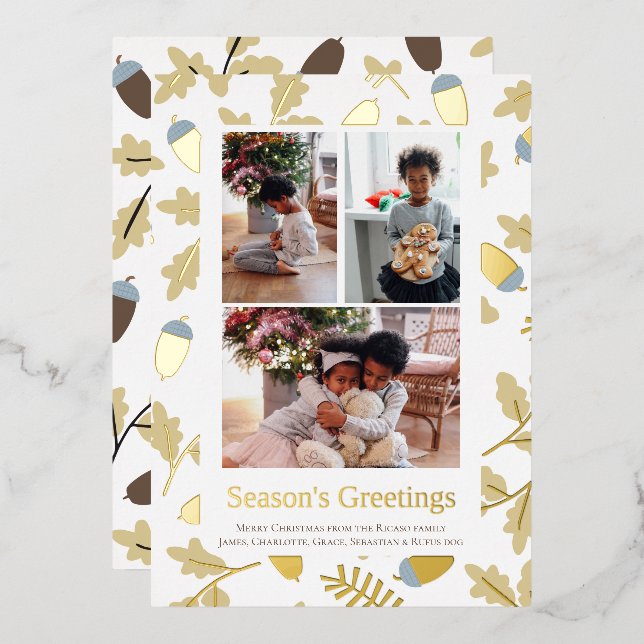 3 Photo Acorn Pattern Seasons Greetings Foil Holiday Card (Front/Back)