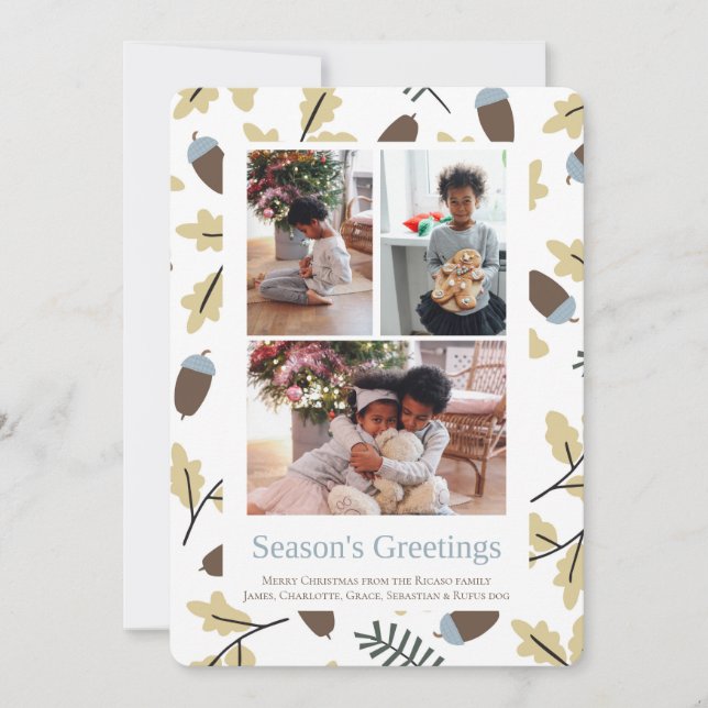 3 Photo Acorn Pattern Seasons Greetings Holiday Card (Front)