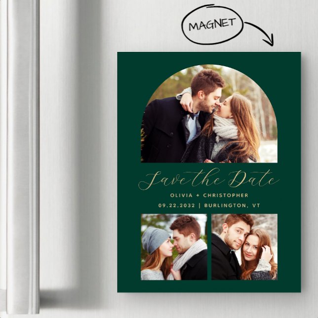 3-Photo Arch Emerald Green Gold Save the Date Magnetic Invitation (Creator Uploaded)