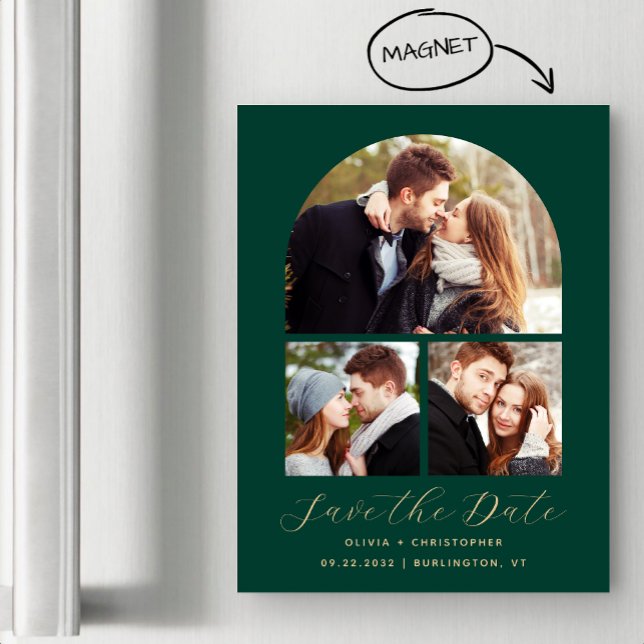 3-Photo Arch Emerald Green Gold Save the Date Magnetic Invitation (Creator Uploaded)