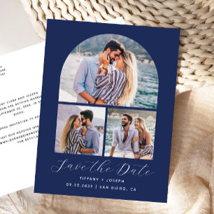 3 Photo Arch Navy Blue Save the Date Postcard