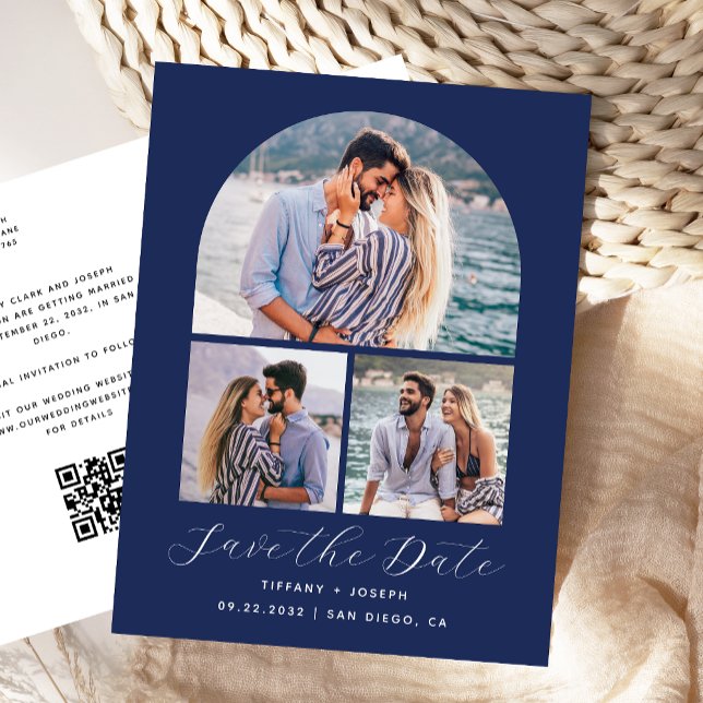 3 Photo Arch QR Code Navy Blue Save the Date Postcard (Creator Uploaded)