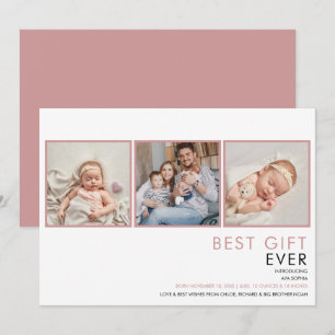 3 Photo Baby Girl Dusty Rose Pink Birth Announcement