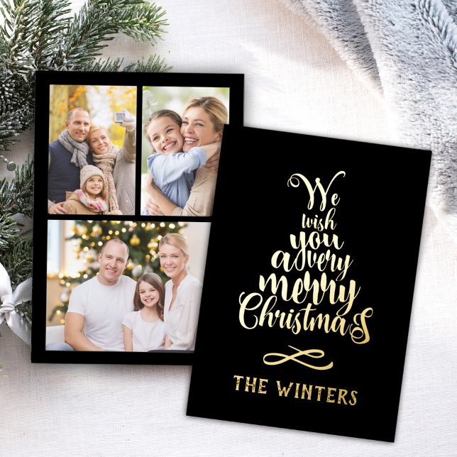 3 Photo Black and Gold Christmas Tree Lettering  Foil Holiday Card (Creator Uploaded)