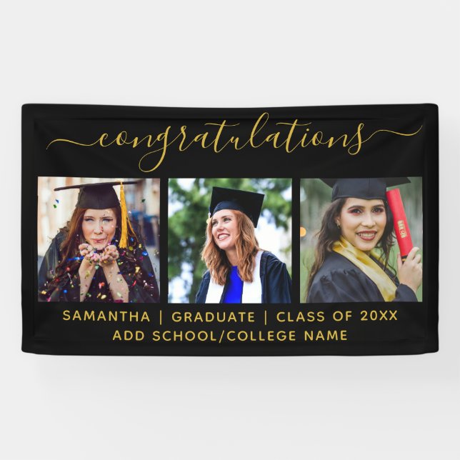 3 Photo Black Gold Congratulations Graduate 2022 Banner (Horizontal)