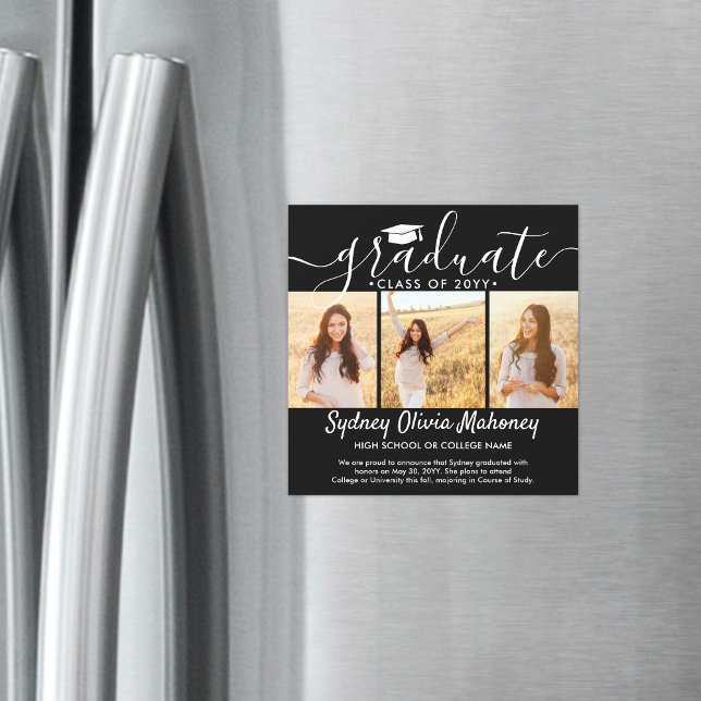 3 Photo Black Magnetic Graduation Announcement (Creator Uploaded)