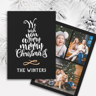 3 Photo Black & White Christmas Tree Lettering  Holiday Card