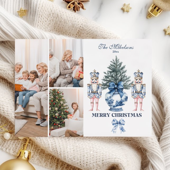 3 Photo Blue Chinoiserie Nutcracker Christmas Holiday Card (Creator Uploaded)
