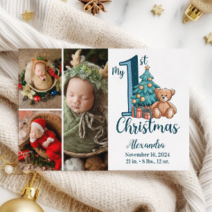 3 Photo Blue Teddy Baby 1st Christmas Holiday Card
