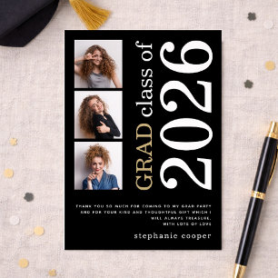 3 photo Bold Text 2026 Black Graduation Thank You Card