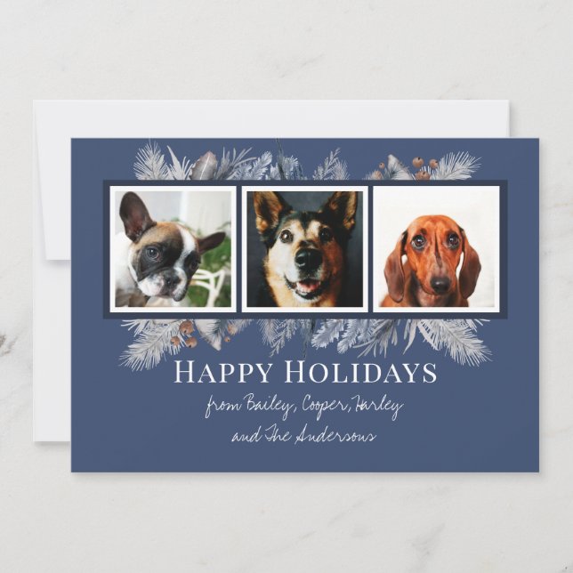 3 Photo Botanical Floral Watercolor Happy Holiday Card (Front)