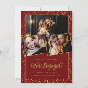 3 Photo Burgundy Gold Engagement Announcement