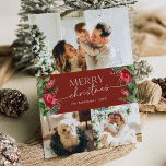 3 Photo Burgundy Red Elegant Merry Christmas Holiday Card<br><div class="desc">This collection features watercolor red florals,  berries & winter greenery with modern & elegant typography,  with a winter botanical pattern back.</div>