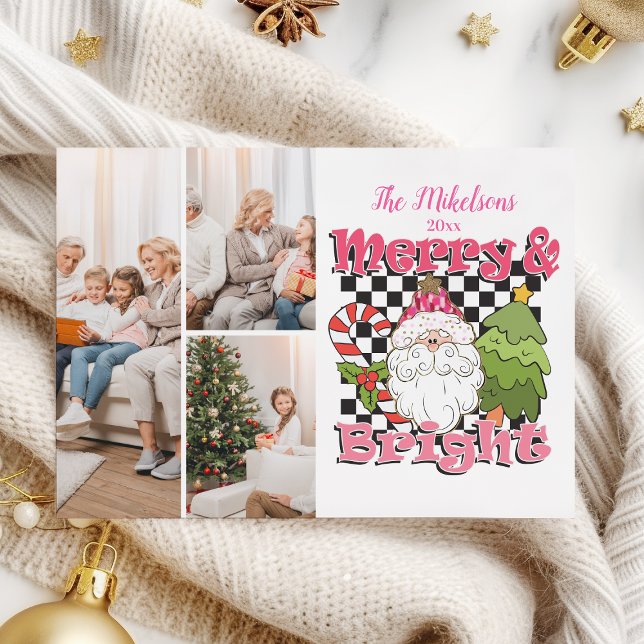 3 Photo Chequered Merry & Bright Christmas Holiday Card (Creator Uploaded)