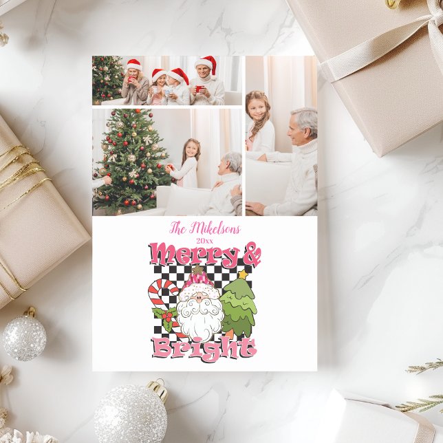 3 Photo Chequered Merry & Bright Christmas Holiday Card (Creator Uploaded)