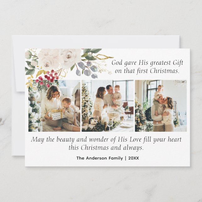 3 Photo Christian Bible Verse Floral Christmas Holiday Card (Front)