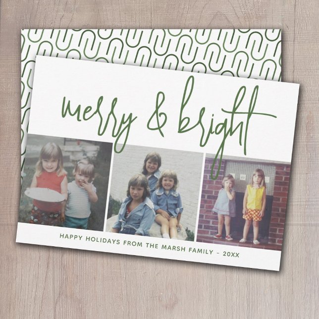 3 Photo Christmas Collage - Merry & Bright - green Holiday Card (Creator Uploaded)