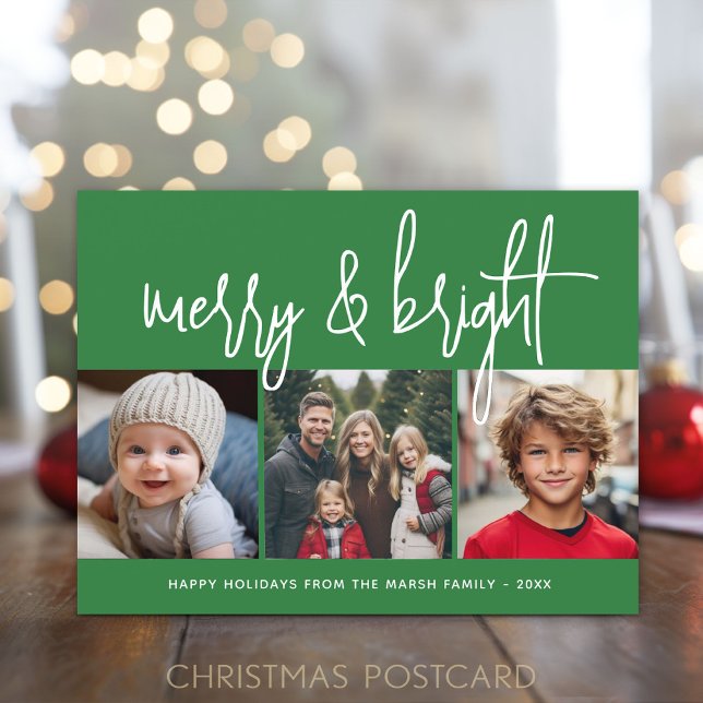 3 Photo Christmas Collage - Merry & Bright green - Holiday Postcard (Holiday Postcard with 3 Photos)