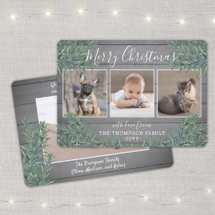 3 Photo Christmas Greenery & Rustic Grey Wood Holiday Card