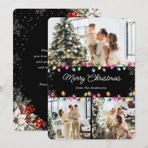 3 Photo Christmas Lights Black Holiday Card