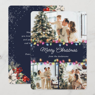 3 Photo Christmas Lights Blue Holiday Card