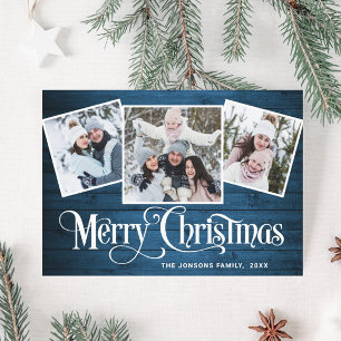3 PHOTO Christmas Rustic Blue Wood Greeting Holiday Card