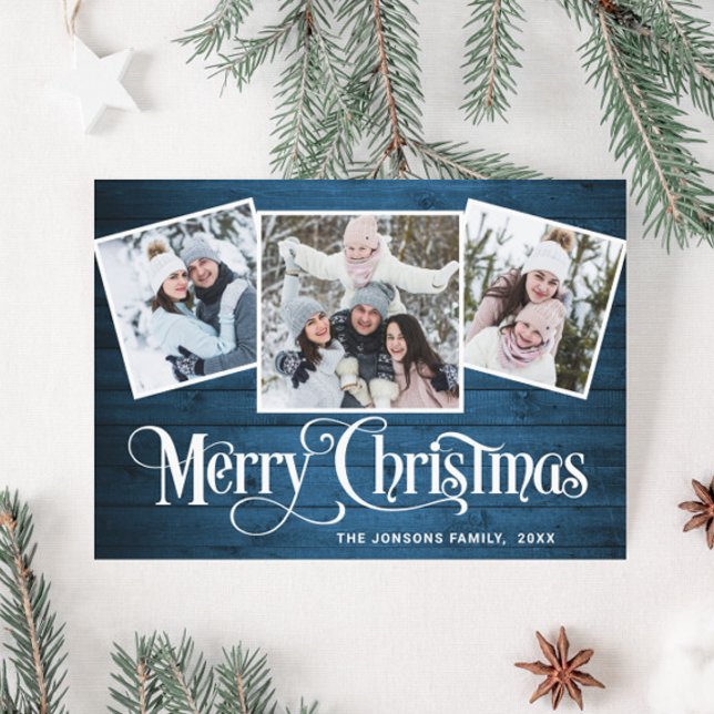 3 PHOTO Christmas Rustic Blue Wood Greeting Holiday Card (Creator Uploaded)