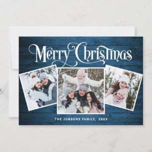 3 PHOTO Christmas Rustic Blue Wood Greeting Holiday Card