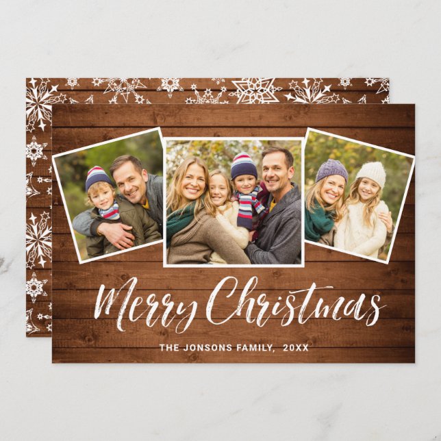 3 PHOTO Christmas Rustic Brown Boho Wood Greeting Holiday Card (Front/Back)