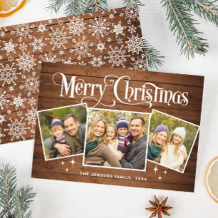 3 PHOTO Christmas Rustic Brown Wood Greeting Boho Holiday Card